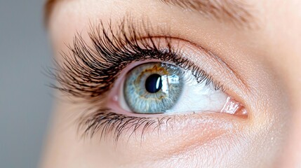Obraz premium Close-up of a woman's eye with long eyelashes, grey background, beauty and health concept, for cosmetic advertising