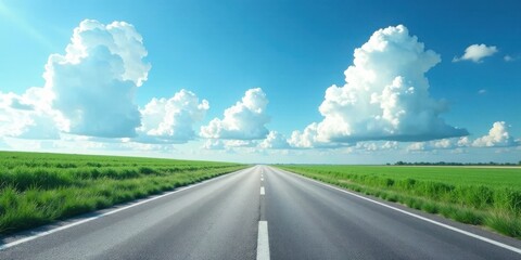 Asphalt road stretching towards a vibrant horizon under a summer sky, fluffy cumulus clouds drift peacefully above verdant fields