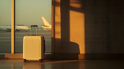 Glowing modern luggage in soft golden light inside an airport terminal with the silhouettes of planes visible through the window  The minimalist scene evokes a sense of travel departure