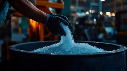Industrial Plastic Pellets Manufacturing Process: A Close-Up View of a Worker Adding Raw Material to a Large Container in a Factory Setting