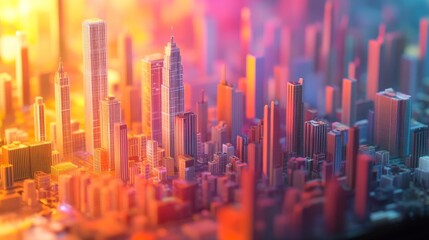 High-tech data network color grids overlaying miniature cityscape with cinematic lighting and futuristic technology concept


