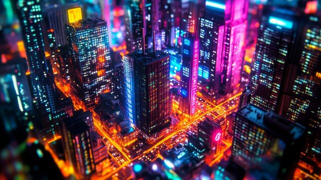 High-tech data network color grids overlaying miniature cityscape with cinematic lighting and futuristic technology concept


