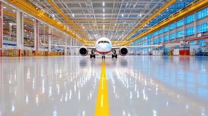 Fototapeta premium Airplane Assembly Factory Interior, Manufacturing, Aviation, Industrial, Huge Hangar, Production Line, Transportation