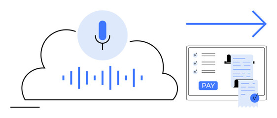 Cloud with microphone and sound waves representing voice command technology linked to a tablet displaying invoices and a Pay button. Ideal for fintech, automation, voice recognition, cloud computing