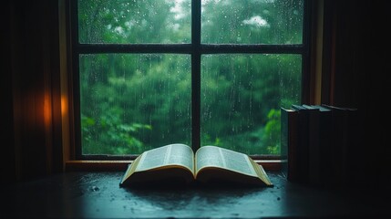 Rainy day, open book on windowsill, nature view, reading