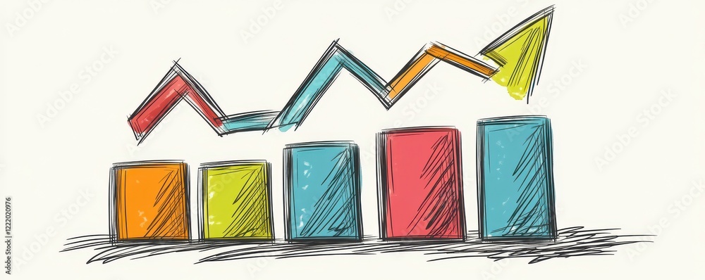 Poster a colorful sketch of a bar graph with increasing values and a line chart, symbolizing growth and pro