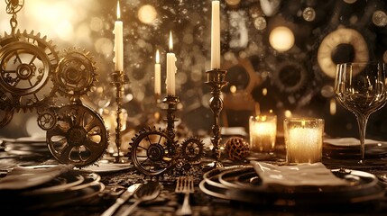 Lavish Steampunk Style Holiday Dinner Table Setting Featuring Intricate Mechanical Candles and a Sepia Toned Vintage Aesthetic