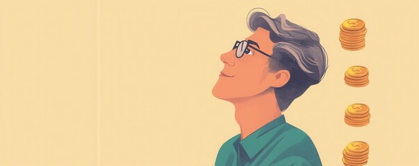 A young man gazes upward, lost in thought, with a calm expression. Golden coins are seen above him, suggesting themes of wealth and aspiration.