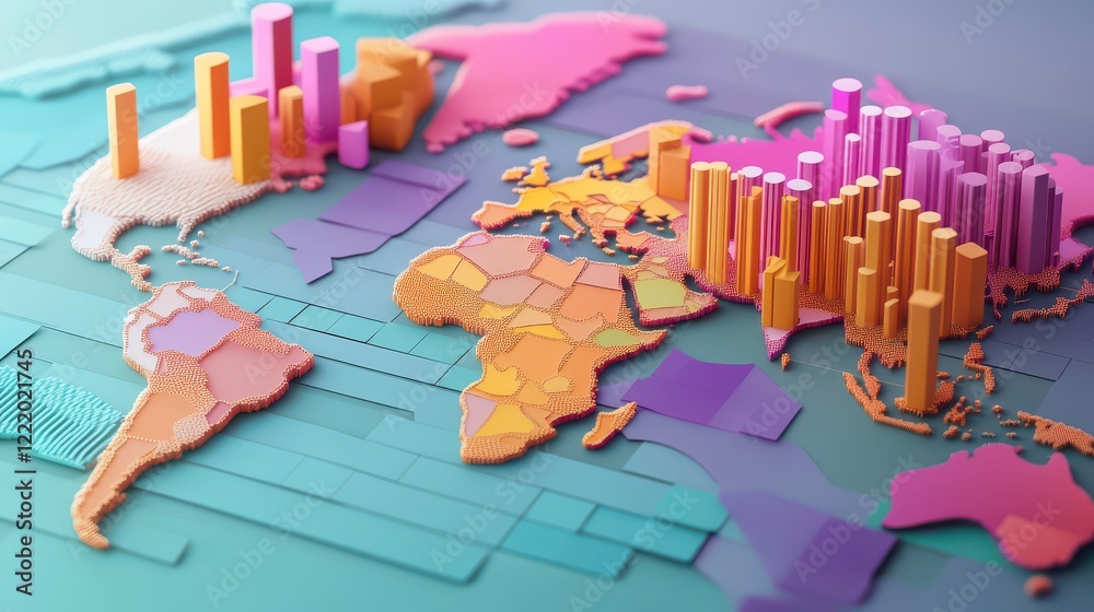 Poster a colorful 3d map displaying various continents, enhanced with bar graphs representing data visualiz