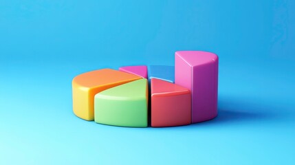 Naklejka premium A colorful pie chart model set against a blue background, showcasing segmented portions in various vibrant colors.