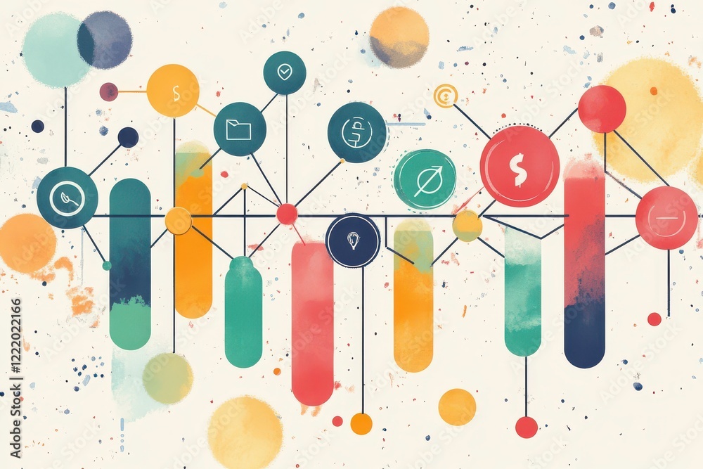 Poster a colorful abstract representation of data visualization featuring various icons and shapes, illustr