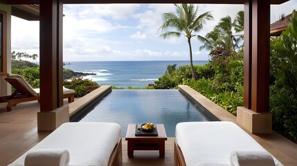 Obraz premium Luxurious oceanfront spa retreat with an infinity pool and open air massage beds nestled amidst a lush tropical landscape with stunning ocean views