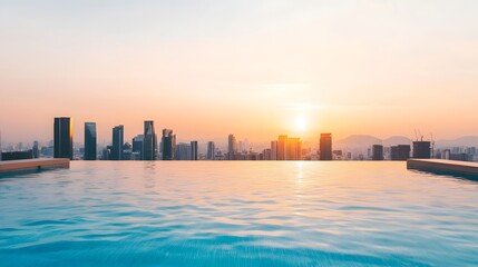 Naklejka premium Luxurious rooftop infinity pool with a mesmerizing cityscape view during the golden hour The shimmering waters reflect the towering skyscrapers and the vibrant urban landscape
