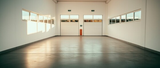 Fototapeta premium Empty Modern Warehouse Interior Spacious Concrete Floor Garage Doors Sunlight