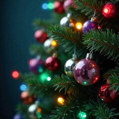 Obraz premium Pine tree branch decorated with multicolored LED lights and glass balls, lights, evergreen