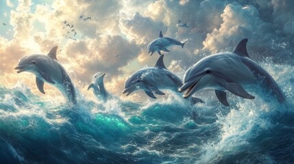 Fototapeta premium A pod of playful dolphins leaps joyfully through crashing waves beneath a dramatic sky filled with textured clouds and golden sunlight