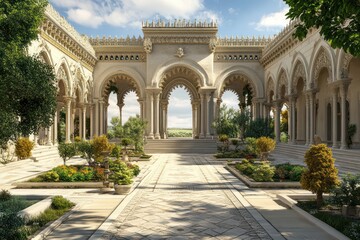 A stately palace with grand arches, intricate stonework, and a symmetrical garden