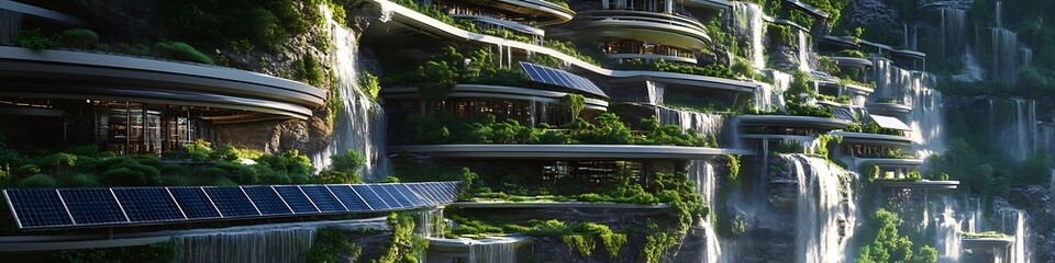 A futuristic eco-city built into the side of a mountain with cascading water gardens and solar panels