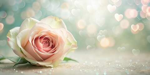 Obraz premium A Delicate Pale Rose Resting on a Glittering Surface with a Soft Heart-Shaped Bokeh Background
