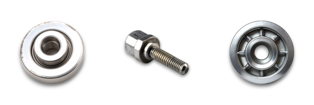 A collection of metal fasteners on a transparent background