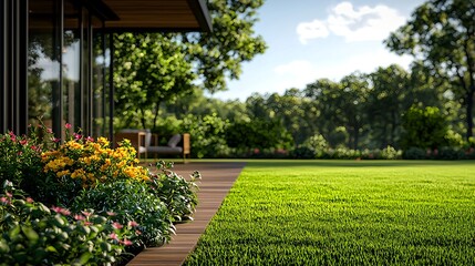 Obraz premium Vibrant Garden Scene with Lush Grass and Colorful Flower Beds