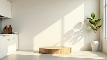 Sunlit Kitchen Mockup with Wooden Display Platform and Minimalist Decor