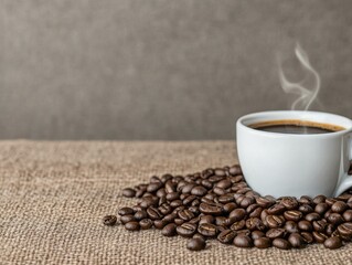 Cup of coffee with coffee beans on a burlap sack background for beverage themes
