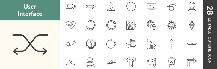 outline user interface icons set. editable linear 3d forward arrow, right drawn arrow, curved downward arrow, and other 25 icons in this category isolated on transparent background.