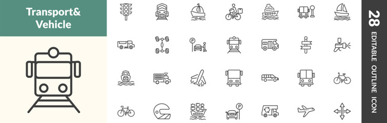 outline transportation icons set. editable linear semaphore, diesel train, sailing boat with veils, and other 25 icons in this category isolated on transparent background.