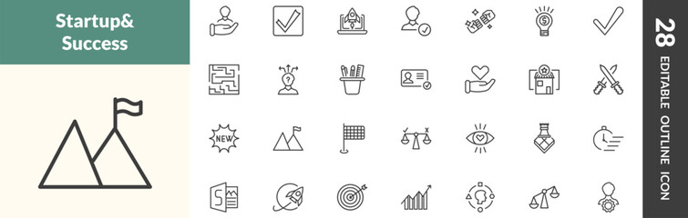 outline startup and strategy icons set. editable linear humanpictos, validate, startup laptop, and other 25 icons in this category isolated on transparent background.