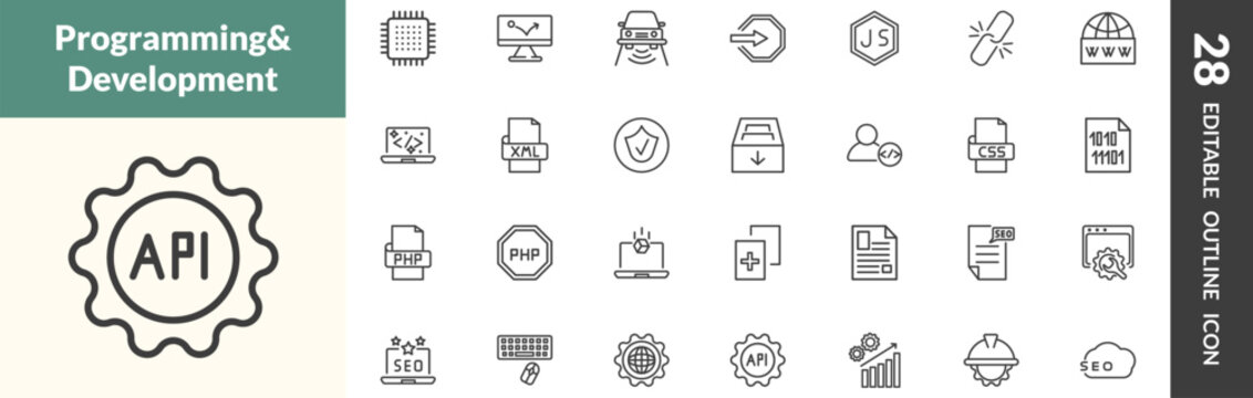 outline information technology icons set. editable linear microchip, advertising bounce, smart car, and other 25 icons in this category isolated on transparent background.