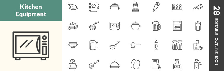 outline kitchen icons set. editable linear broiler, recipe book, stew pot, and other 25 icons in this category isolated on transparent background.