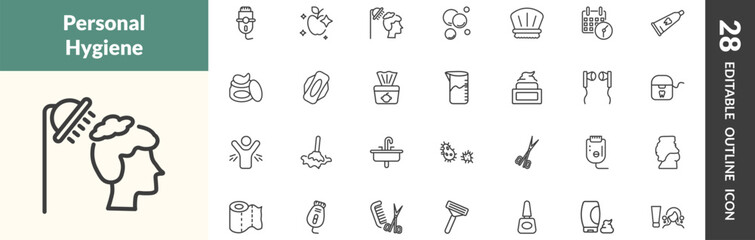 outline hygiene and sanitation icons set. editable linear depilator, food hygiene, hair washing, and other 25 icons in this category isolated on transparent background.