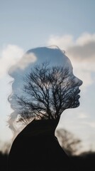Contemplative Woman Silhouette  Nature Double Exposure  Tree  Sky  Peaceful