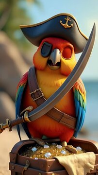 A cheeky 3D cartoon parrot dressed as a pirate with a small hat, an eyepatch, and a wooden sword, perched on a treasure chest