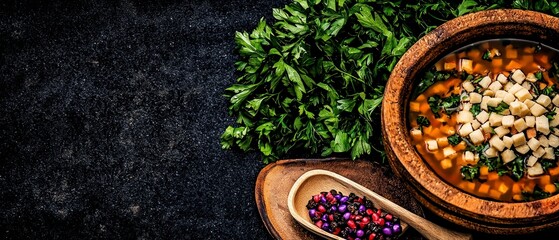 Delicious Homemade Soup  Rustic Bowl  Parsley Garnish  Spices