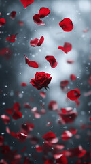 A dramatic image of red rose petals falling from sky ai generated