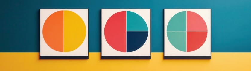 Fototapeta premium Three abstract circular artworks displayed against a colorful backdrop, showcasing different color combinations and segmentations.