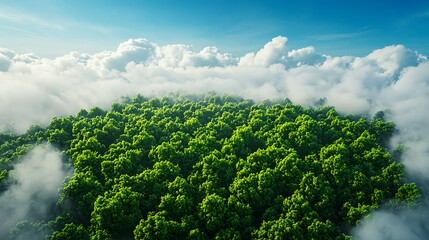 Lush Green Forest Surrounded by Clouds and Blue Sky Above