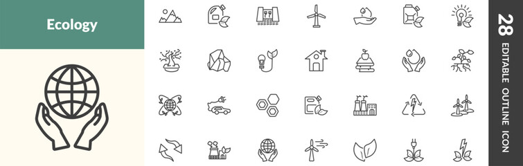 Fototapeta premium outline ecology icons set. editable linear snowy mountains, biodiesel, dam, and other 25 icons in this category isolated on transparent background.