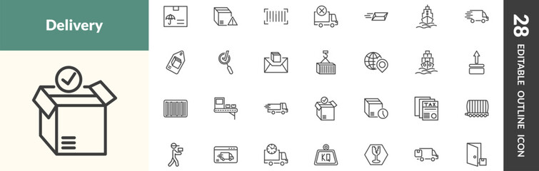outline delivery and logistics icons set. editable linear logistic protection, delivery warning, barcode, and other 25 icons in this category isolated on transparent background.