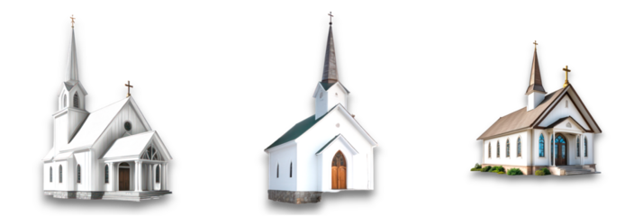 Three distinct churches isolated on transparent background