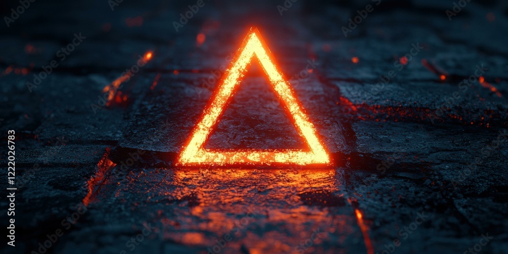 Sticker Glowing triangle on dark surface. AI.