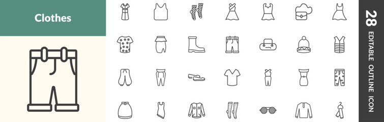 outline clothes and outfit icons set. editable linear lyocell shirt dress, jersey blazer, men socks, and other 25 icons in this category isolated on transparent background.