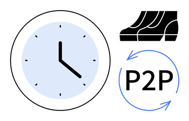 Obraz premium Analog clock at nine oclock, P2P within a circular arrow, and escalator steps indicating flow and direction. Ideal for business, efficiency, workflow, processes, punctuality, collaboration abstract