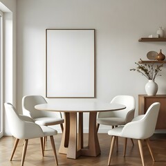 A modern dining area featuring a round white table with a wooden base, surrounded by four white upholstered chairs with wooden legs.