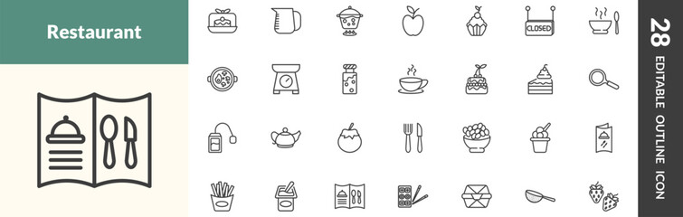 outline restaurant icons set. editable linear cake box, measurement jar, boiling water pan, and other 25 icons in this category isolated on transparent background.
