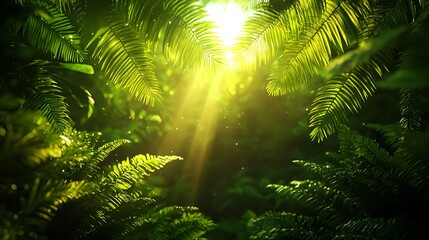 Sunlight Filtering Through Lush Green Fern Leaves in Vibrant Forest