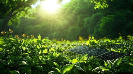 Sunlight Breaking Through Greenery Over Solar Panel in Nature