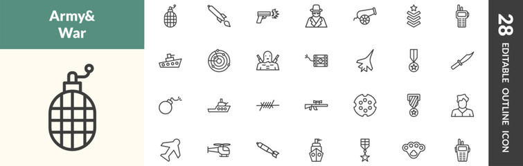 outline military and war and icons set. editable linear whizbang with rong, torpedo, gun shooting, and other 25 icons in this category isolated on transparent background.